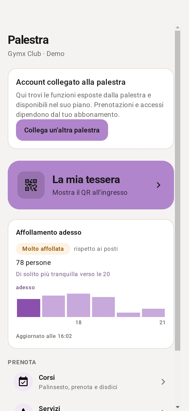 Affluenza palestra Gymx: molto affollata, 78 persone, grafico degli orari e suggerimento di una fascia solitamente più tranquilla verso le 20