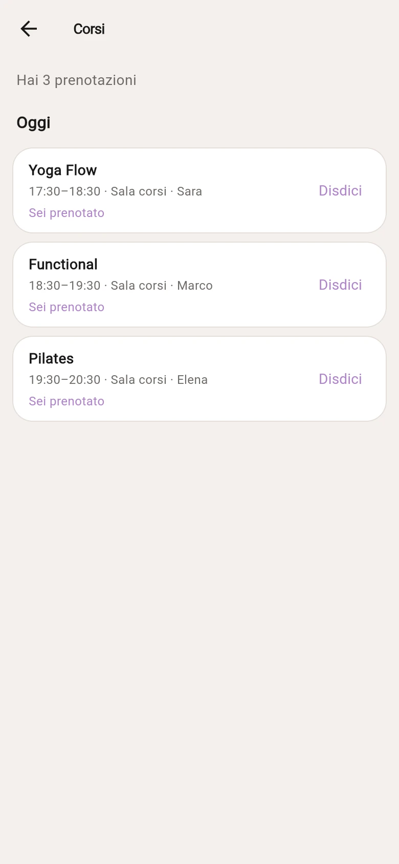 Palinsesto Gymx con prenotazioni confermate per Yoga Flow, Functional e Pilates, orari, sala e istruttori