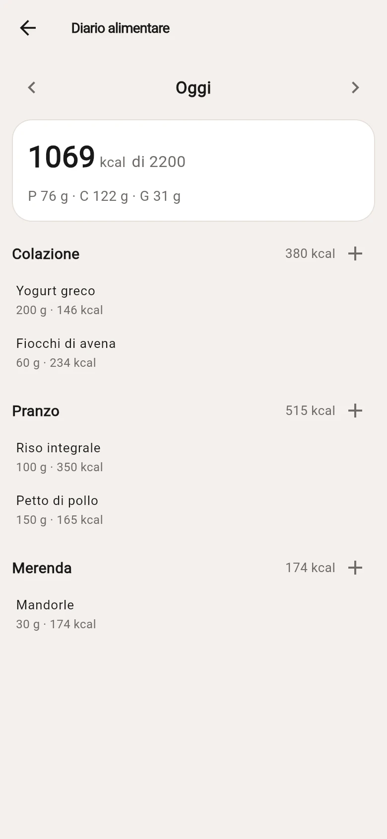 Diario alimentare Gymx popolato con pasti, quantità, calorie, macronutrienti e obiettivo giornaliero