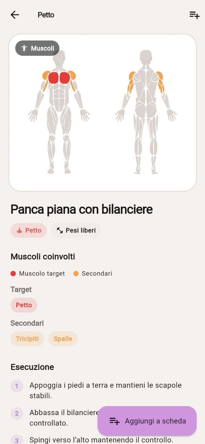Dettaglio della panca piana con mappa anatomica, petto come muscolo target e tricipiti e spalle come muscoli secondari