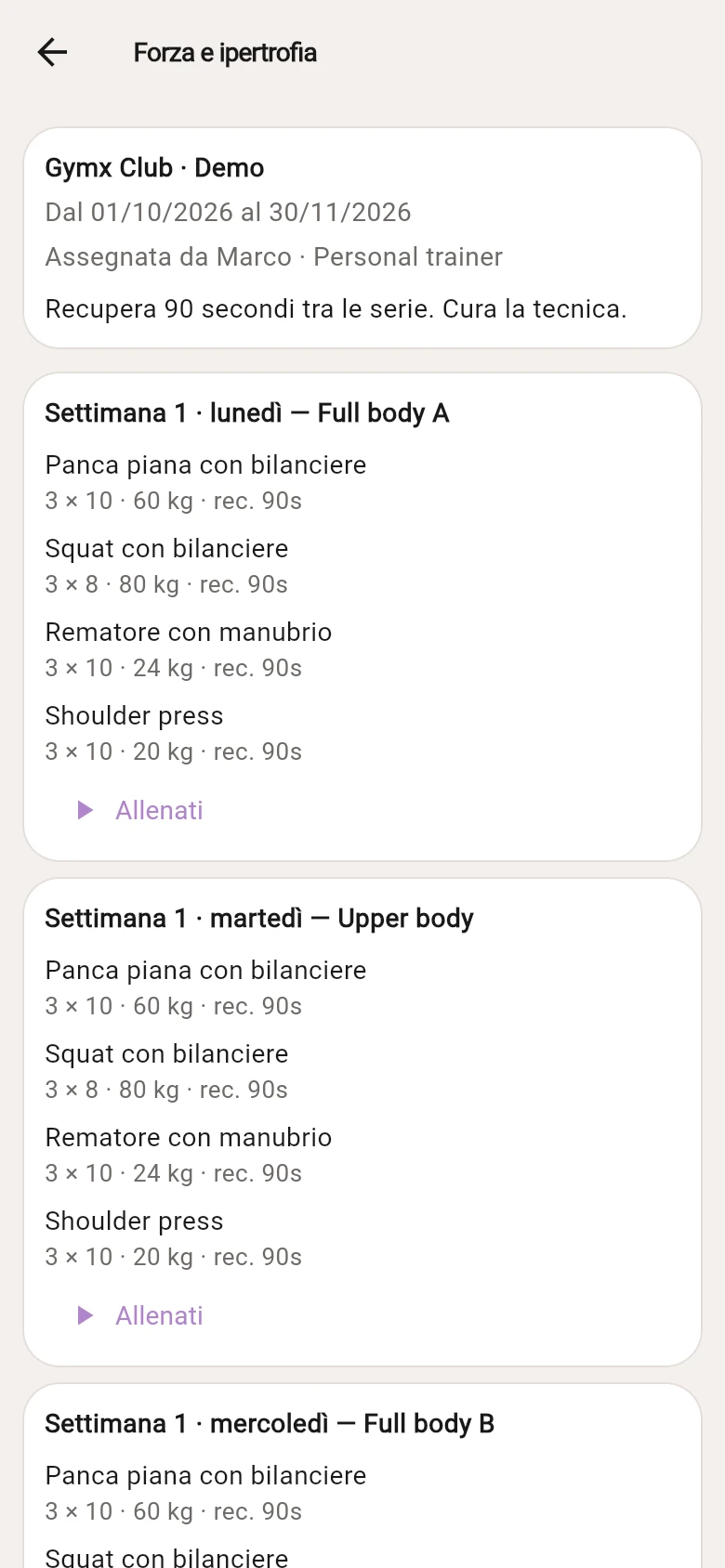 Programma Gymx assegnato dal personal trainer con giorni, esercizi, carichi e tempi di recupero