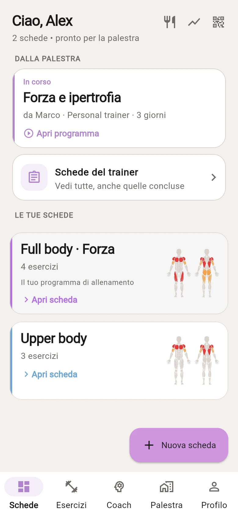 Home Gymx con programma del trainer e schede Full body e Upper body, ciascuna con la propria mappa muscolare